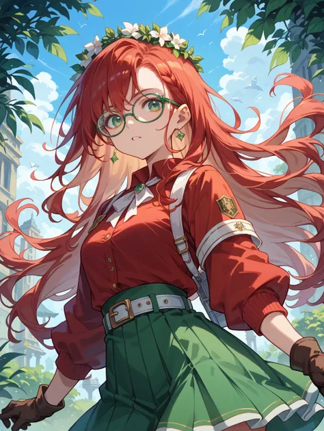 Red hair green eyes with glasses red top Green skirt white belt Green red wreath with gloves and white long hair