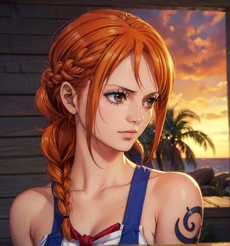 (masterpiece, top quality, 4K, 8k,     High Definition   , 最高masterpiece:1.2),   super detailed , (  realistic  , photo  realistic  , photo-  realistic  :1.37),    Maintaining Anime Style   ,   Nami in One Piece,  Light Orange Hair  , beautiful hairstyle ,...