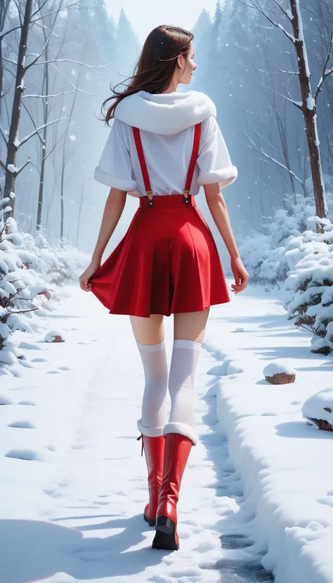 score_9,score_8_up,score_7_up,high res image,masterpiece,best quality,realistic,1girl,santa_costume,white_shirt,cape,(red skirt:1.2),(white suspenders stockings:1.2),(santa_boots:1.3),snow,shoe_print,lower_body,(walking in the snow:1.2),from behind,from_ba...