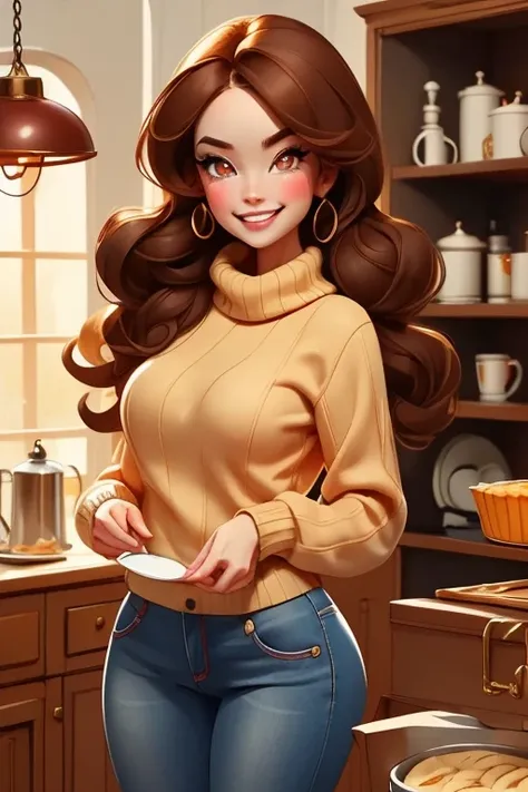 Perfect face. Perfect hands. A brown haired woman with red eyes and an hourglass figure in a cute sweater and jeans is baking cookies with a big smile
