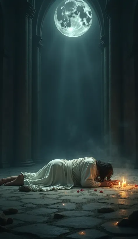 A scene of a worshiper lying prostrate at night.