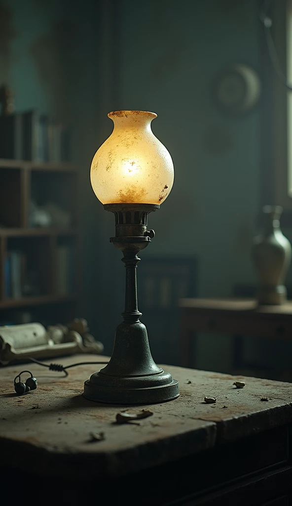 An old lamp without light on a table in a room in a blurry apartment. 