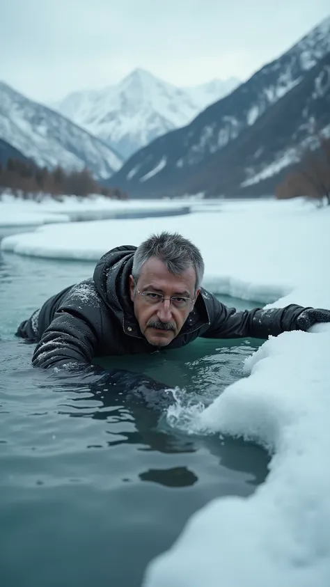 A dramatic and intense scene set in the vast wilderness during winter. Turkish politician Kemal Kılıçdaroğlu is struggling to survive after falling through thin ice on a frozen lake. The icy water surrounds him as he desperately clings to the edge of the b...