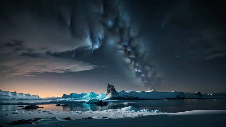 night sky with stars and icebergs in the foreground, iceland astrophotography, iceland photography, night sky photography, iceland landscape photography, night sky; 8k, antartic night, mikko lagerstedt, iceland, luminist polar landscape, magnificent backgr...