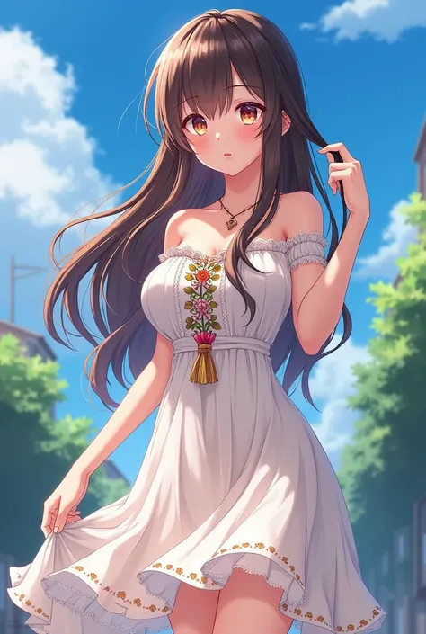  Beautiful girl with wavy long hair, anime, anime girl, cute anime girl, cute, bohemian dress, masterpiece, high-quality image, blue sky, beautiful background, young girl, loli, oppai loli, huge breasts, walking down a street, brushing her hair to the side...