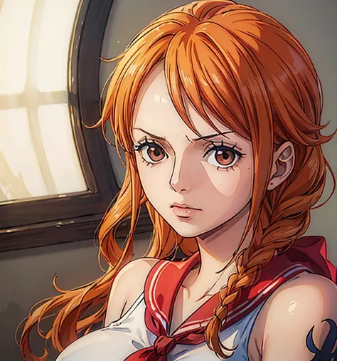 (masterpiece, top quality, 4K, 8k,     High Definition   , 最高masterpiece:1.2),   super detailed , (  realistic  , photo  realistic  , photo-  realistic  :1.37),    Maintaining Anime Style   ,   Nami in One Piece,  Light Orange Hair  , beautiful hairstyle ,...