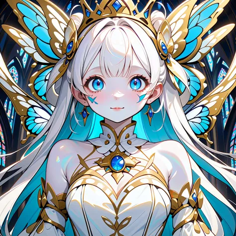 solo girl, embarrassed but happy, (porcelain skin, pure white skin, shiny skin, butterfly face paint, big eyes, fluorescent shiny hair:1.3), (crown made of butterflies:1.3), cathedral, (masterpiece, ultra detailed, top quality), Icon Image, anime, cel shad...