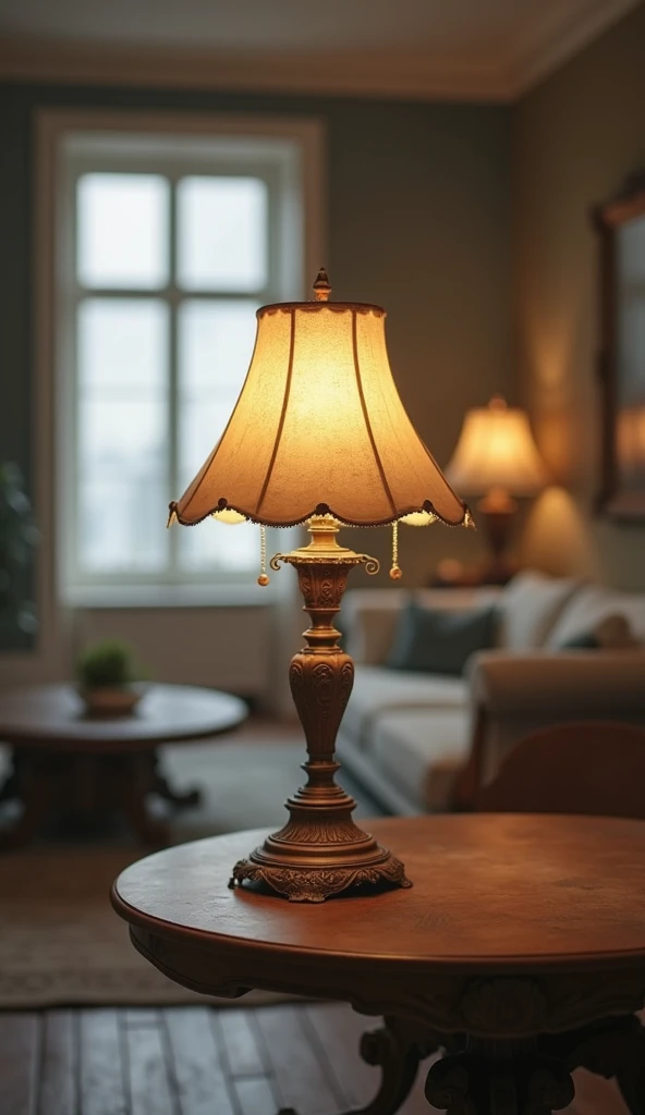 An old lamp without light on a table in a room of a beautiful blurry apartment.