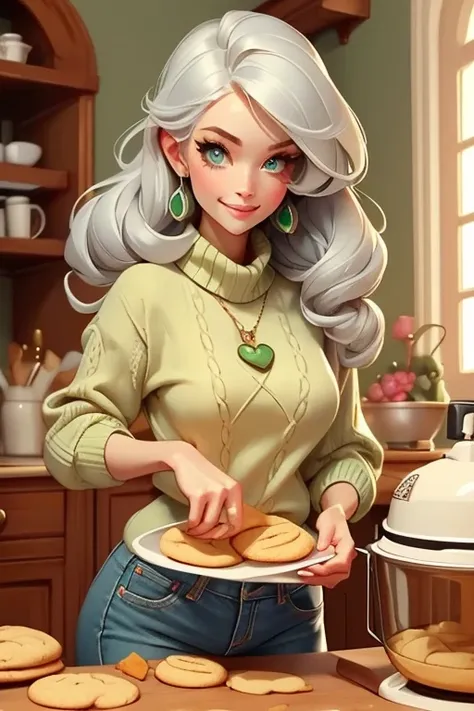 Perfect face. Perfect hands. A young silver haired woman with green eyes and an hourglass figure in a cute sweater and jeans is baking cookies with a big smile
