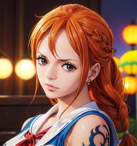 (masterpiece, top quality, 4K, 8k,     High Definition   , 最高masterpiece:1.2),   super detailed , (  realistic  , photo  realistic  , photo-  realistic  :1.37),    Maintaining Anime Style   ,   Nami in One Piece,  Light Orange Hair  , beautiful hairstyle ,...