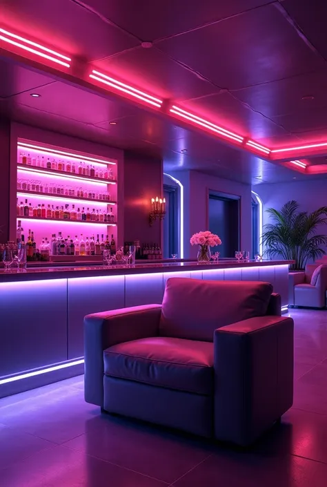  I want a square background , of a large club bar with purple LED lights , pink and dark light ,  with a large long armchair and the floor with surrounding purple and pink LED lights