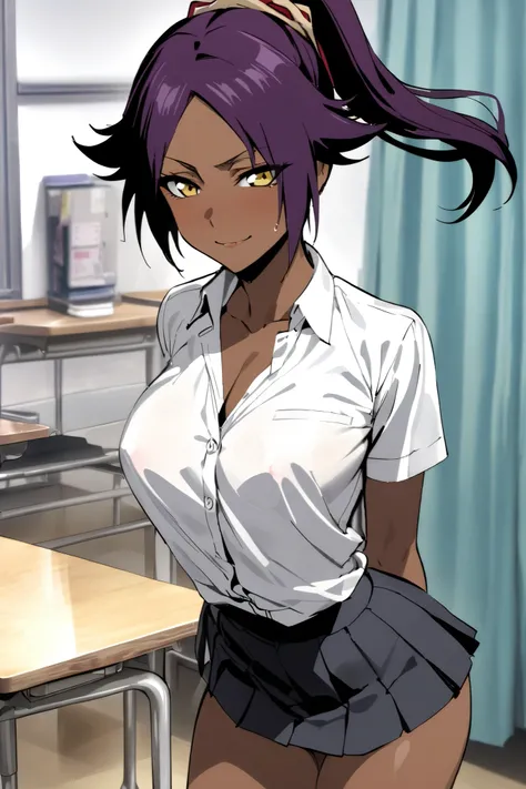 NSFW,masterpiece, top quality , High Definition , very detailed,Yoruichi Shihouin(BLEACH), long hair、 yellow eyes、 ponytail、Purple Hair、 dark skin 、 dark skin の女性, school uniform, dress shirt, miniskirt,School,Health Room,smile, skirt lift