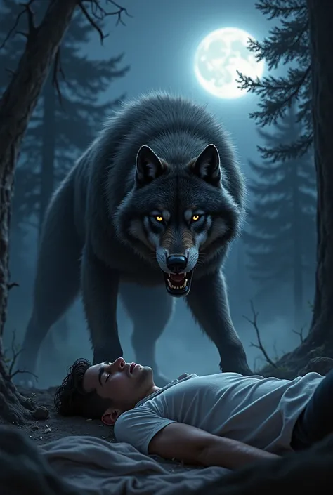 a wolf approaching a sleeping man with bright eyes about to attack him