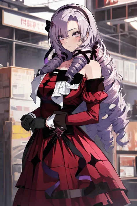 anime coloring,masterpiece,action,Salome, big body,big breasts,(((( best quality )))),, midjourney,,, hmsalome, drill hair, parted bangs, black hairband, ribbon, purple eyes, large breasts, tattoo, red dress, long sleeves, bare shoulders, black gloves