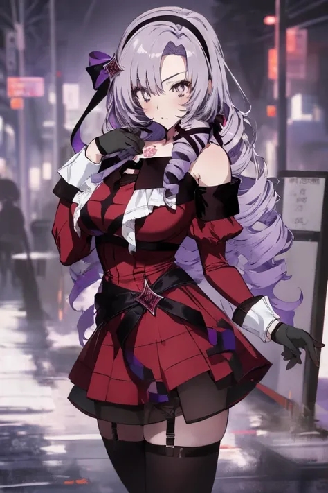 anime coloring,masterpiece,action,Salome, big body,big breasts,(((( best quality )))),, midjourney,,, hmsalome, drill hair, parted bangs, black hairband, ribbon, purple eyes, large breasts, tattoo, red dress, long sleeves, bare shoulders, black gloves