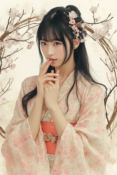 A mesmerizing, artistic depiction of a cute young East-Asian woman with bangs ,long black hair adorned with delicate floral hairpins, dressed in an intricately patterned kimono. She gazes softly yet thoughtfully, her hand resting gently on her chin, exudin...