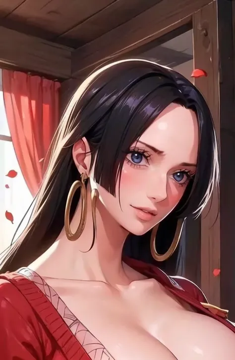 best quality, masterpiece, highly detailed,1girl, ((rose)), (vine), cage, bandage, red rope, (detail light), falling rose petals, Boa Hancock,, (masterpiece:1.5), Detailed Photo, Smiling,(8K, Photorealistic, Best Quality: 1.4), (1girl), Beautiful Face, (an...