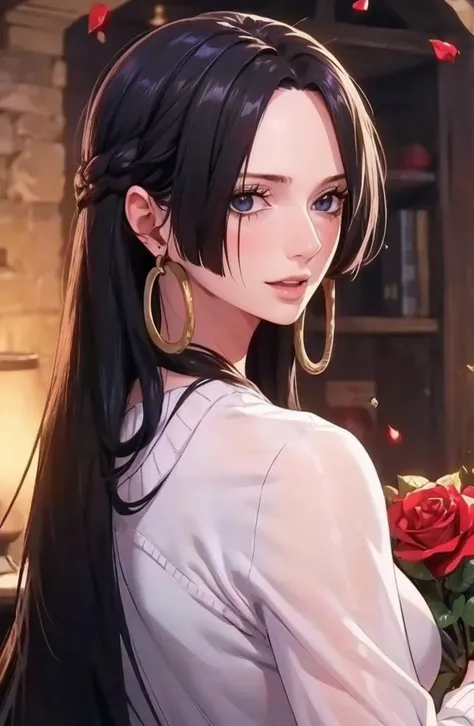 best quality, masterpiece, highly detailed,1girl, ((rose)), (vine), cage, bandage, red rope, (detail light), falling rose petals, Boa Hancock,, (masterpiece:1.5), Detailed Photo, Smiling,(8K, Photorealistic, Best Quality: 1.4), (1girl), Beautiful Face, (an...