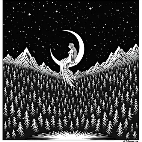 a  sitting goddess with long hairs on a crescent moon in the starry sky above a large forest of fir trees and leafless trees, mountains, black and white image, dunjeon synth artwork, comic 