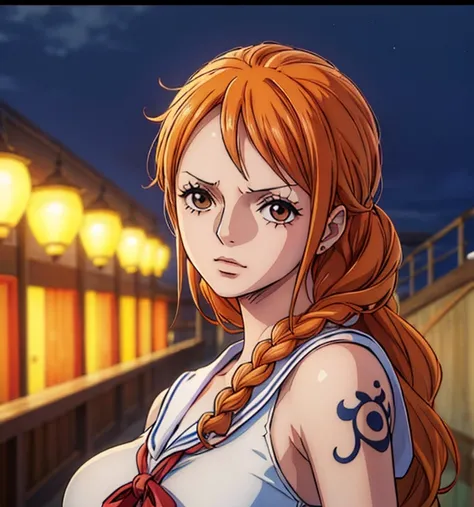 (masterpiece, top quality, 4K, 8k,     High Definition   , 最高masterpiece:1.2),   super detailed , (  realistic  , photo  realistic  , photo-  realistic  :1.37),    Maintaining Anime Style   ,   Nami in One Piece,  Light Orange Hair  , beautiful hairstyle ,...