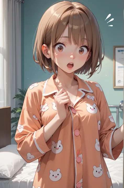  top quality 　Brown haired girl with short bob　Face of a 　Eccentric anime style　 very big boobs　 very surprised　bandage　pajamas　hospital　bet