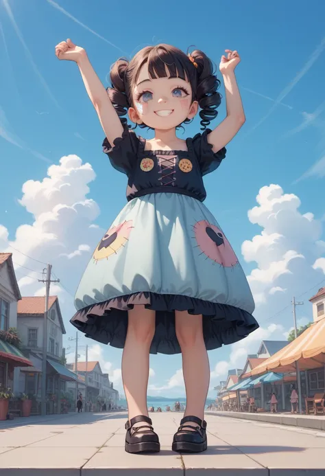 (masterpiece), best quality, expressive eyes, perfect face, anime loli girl with Curly hair  ,looking down, patchwork poor dress innocent smile,full body shot,standing, her arm stretching out to the sky,looking up at the sky,