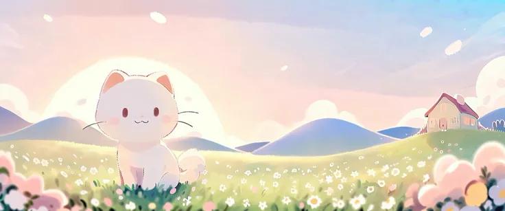 cartoon cat and kittens In a field of flowers with a sky background, Animated visual of cute cats, Kawaii cat, Cute cat, Lovely artwork, sitting In a field of flowers, In a field of flowers, Cute anime, Soft anime illustration, by Eizan This is a gift, Ill...