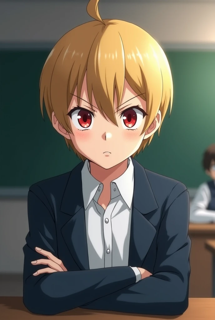 Boy about  ,  straight dark blonde hair with a classic hairstyle , Ojos rojos,  and wears a white school uniform with a dark blue jacket, is in a classroom ,  has a serious face and looks angry .  anime style .