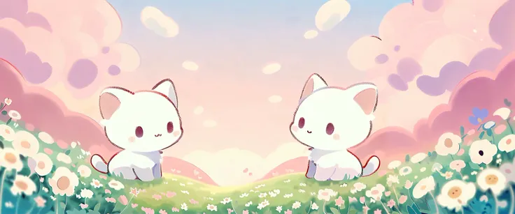 cartoon cat and kittens In a field of flowers with a sky background, Animated visual of cute cats, Kawaii cat, Cute cat, Lovely artwork, sitting In a field of flowers, In a field of flowers, Cute anime, Soft anime illustration, by Eizan This is a gift, Ill...