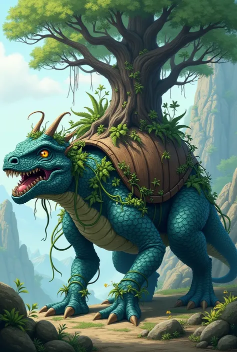 Make a quadruped dinosaur from poisonous plants with a wooden shell and biomass with a large tree on its back and an armor of large thorny vines and with a carapace of roots on its belly and claws and venous teeth  (in blue-green color) (Pokemon style)