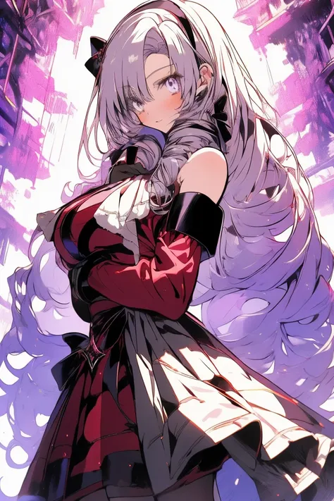 anime coloring,masterpiece,action,Salome, big body,big breasts,(((( best quality )))),, midjourney,,, hmsalome, drill hair, parted bangs, black hairband, ribbon, purple eyes, large breasts, tattoo, red dress, long sleeves, bare shoulders, black gloves