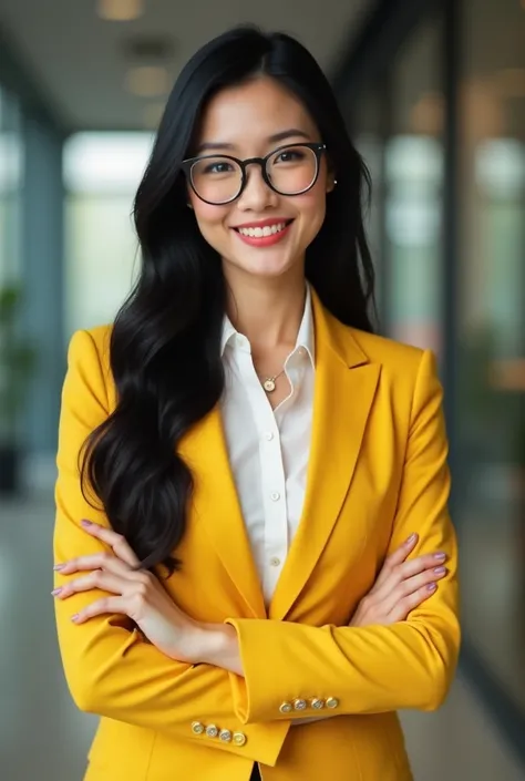 business consultant very beautiful woman with straight black hair with North American features smiling with glasses and dressed in a yellow corporate uniform a jacket 