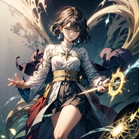    top quality , High Definition ,rpg character,Priest, Elegant look,  cold eyes,  black hair,  short hair, 1 girl, Solemn,  red eyeliner ,  black skirt, bangs, Thighs,  Wizard-like Clothes ,  Pretty bright blue clothes with yellow lines, Ornamented Wand ,...