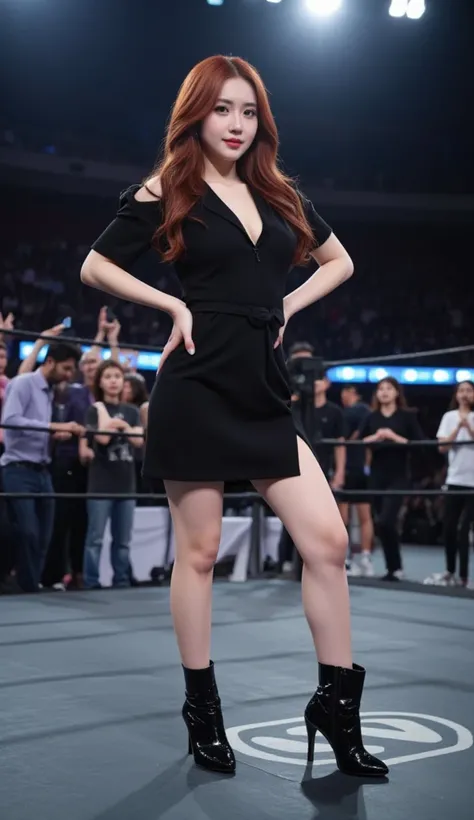 "An elegant Indonesian woman with a striking hourglass figure, long legs, and luminous white skin poses as a round ring girl. She wears a chic black polo thigh dress with a sophisticated less-shoulder, highlighting her poised and fashionable appearance. He...