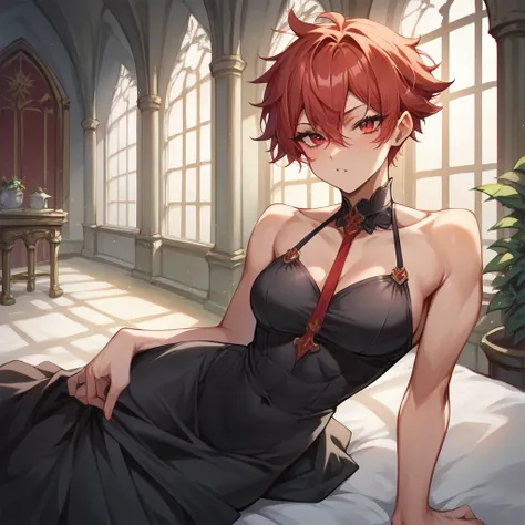 an athletic tomboy with red hair and red eyes. she is in a black dress. she smiles seductively at you while at a mansion.