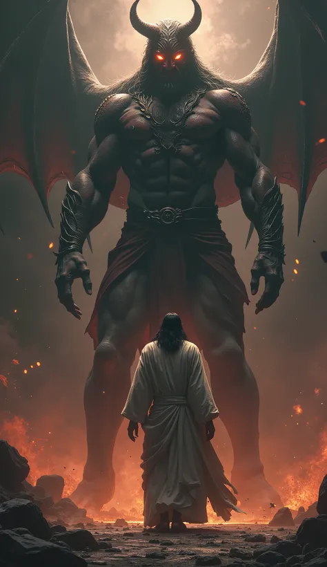 Mortal Kombat Style, Jesus staunch posture versus a 3-meter-tall demon with flaming eyes, dams, Evil Face Facing ,  full body, serious face, Tense atmosphere,  Jesus characteristic, Physicist athlete 