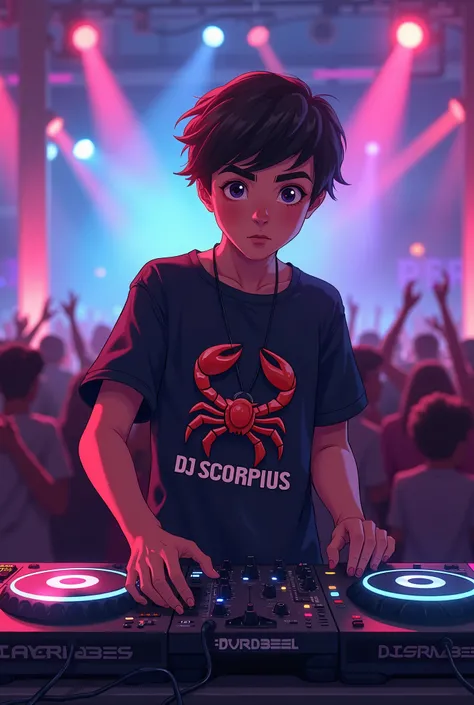 A boy with t- shirt written DJ Scorpius 