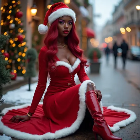 Photo of a beautiful adult woman with black skin sitting on a Christmas street, long vibrant red hair ,  vibrant purple eyes and Christmas makeup ,  wearing a Christmas look with a tight red dress , heart shaped neckline, wide round skirt ,  white leather ...