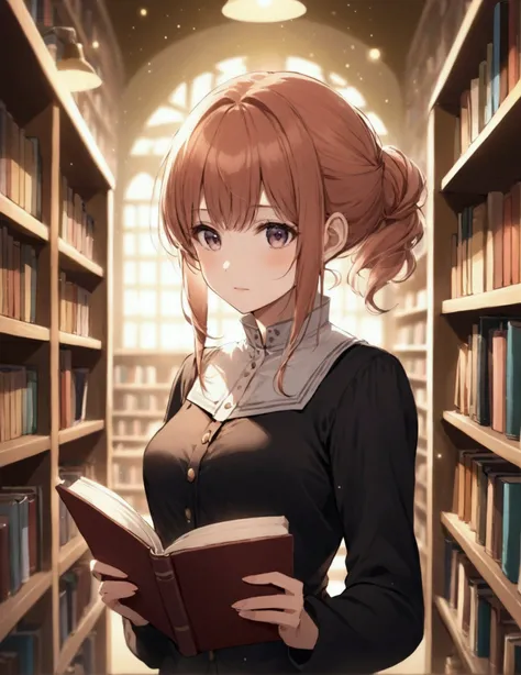 woman looking at books in a library with a blurry background, in a library, book library studying, librarian, reading in library, library books, small library, dusty library, books all over the place, bookshelf, shelf, holding books, by Eizan Kikukawa, bea...