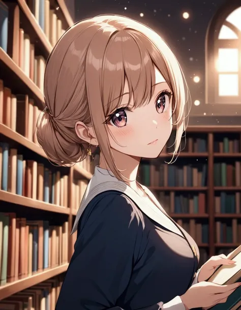 woman looking at books in a library with a blurry background, in a library, book library studying, librarian, reading in library, library books, small library, dusty library, books all over the place, bookshelf, shelf, holding books, by Eizan Kikukawa, bea...