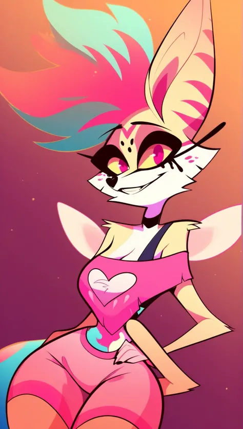 Score_9, score_8_up, score_7_up, score_6_up, score_5_up, score_4_up, 1girl, solo, curvy, big hips, thighs, cleavage, smile, QueenB, Anthro Fennec Fox, Furry Female, Mohawk Hair, Ethereal Hair, Multicolored Hair, Pink Eyes, Yellow Sclera, Long Eyelashes, Ru...