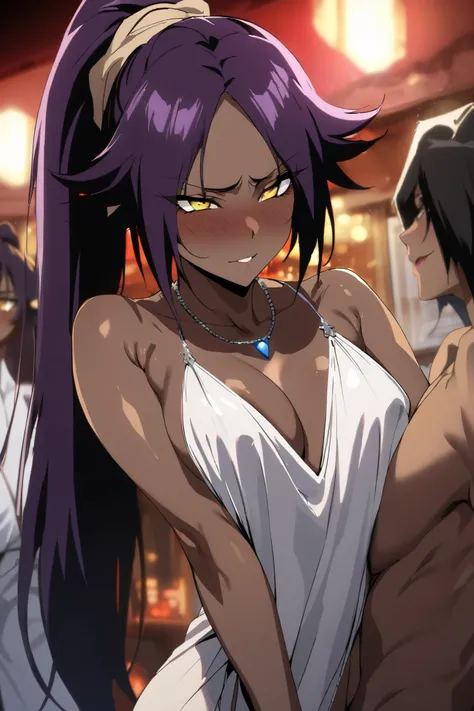 NSFW,masterpiece, top quality , High Definition , very detailed,Yoruichi Shihouin(BLEACH), long hair、 yellow eyes、 ponytail、Purple Hair、 dark skin 、 dark skin の女性, Evening Dress, necklace,Prostitute,Red light district, lustful face,blush