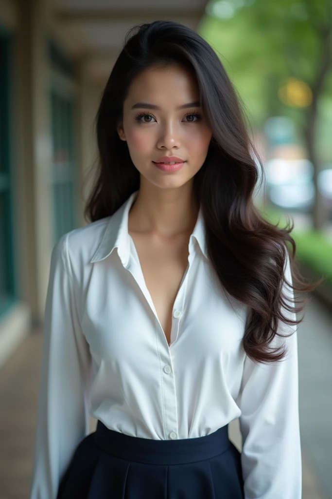 Beautiful Indonesian woman, wearing student uniform, big breasts, bokeh