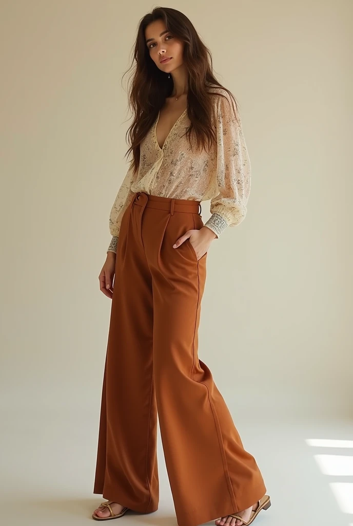 Un outfit estilo 70s: con camisa manga larga vaporosa romantica, palazzo tono tierra, chaleco corto, for a woman medium size, long hair con pañuelo atado a su cabello, y suecos, posing over a light background