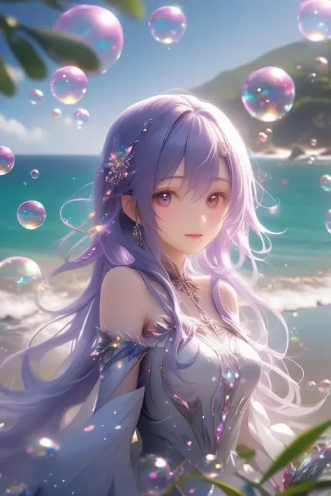 masterpiece,extremely  top quality ,  Official Art , CG 8k wallpaper, (  fantasy style  :1.1),
( Animated Screenshot ,  magic , Stretch Girls, Many reflective bubbles floating in the air、Floating on reflective foam:1),
Look up, Particles of light,  very de...