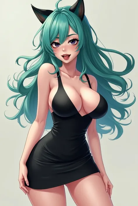 An anime Korean women, dreen hairs, full body, big titts,  big hips,cat ears, naked wearing a black cooking sexy apron