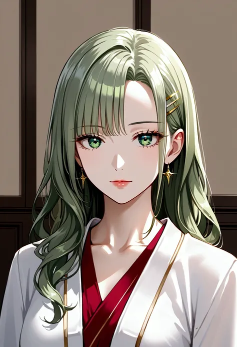 masterpiece, best quality, highres, absurdres, source_anime, woman, beautiful, refined, youthful, womanly, mature, straight hair, green hair, silver hairpins, long hair, smooth hair, clean hair, straight bangs, confident expression, plain expression, emera...