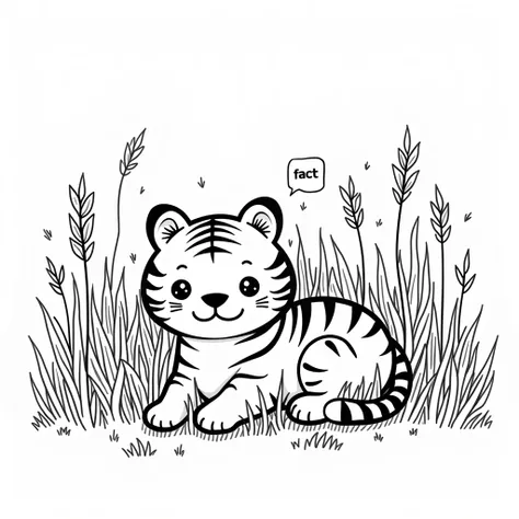 A black and white line art of a kawaii tiger lounging in tall grass, with big round eyes and bold stripes; a fact bubble says: "Tigers are the largest wild cats in the world."
