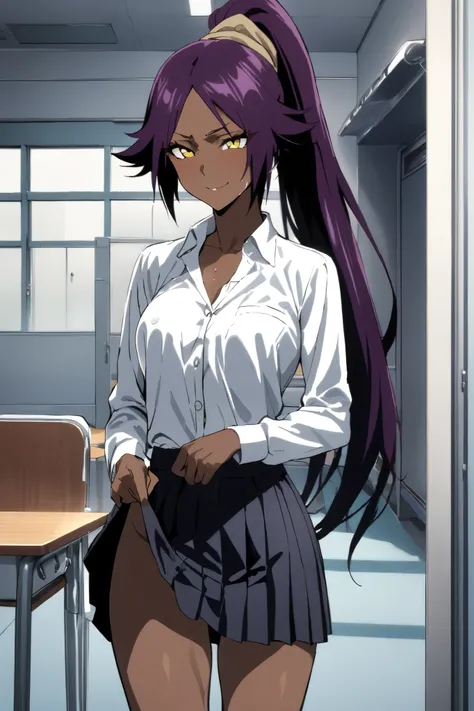 NSFW,masterpiece, top quality , High Definition , very detailed,Yoruichi Shihouin(BLEACH), long hair、 yellow eyes、 ponytail、Purple Hair、 dark skin 、 dark skin の女性, school uniform, dress shirt, miniskirt,School,Health Room,Bad Smile, skirt lift