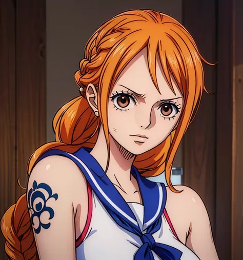 (masterpiece, top quality, 4K, 8k,     High Definition   , 最高masterpiece:1.2),   super detailed , (  realistic  , photo  realistic  , photo-  realistic  :1.37),    Maintaining Anime Style   ,   Nami in One Piece,  Light Orange Hair  , beautiful hairstyle ,...